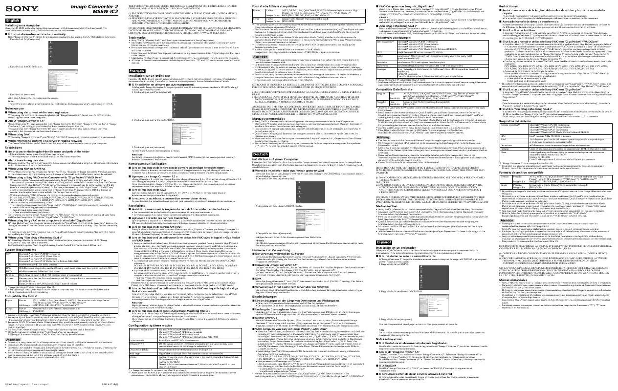 Mode d'emploi SONY MSSW-IC2