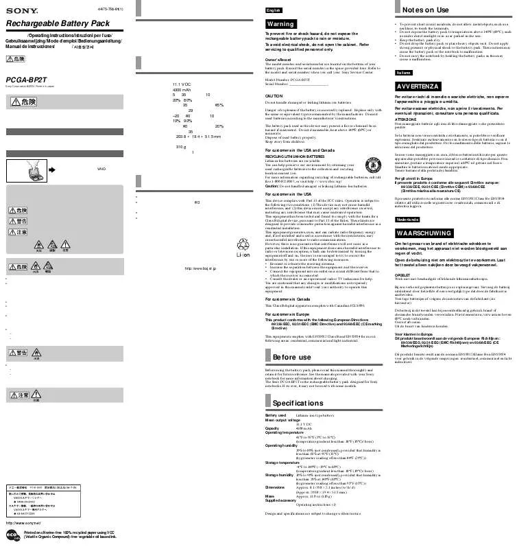 Mode d'emploi SONY MUPCGA-BP2T