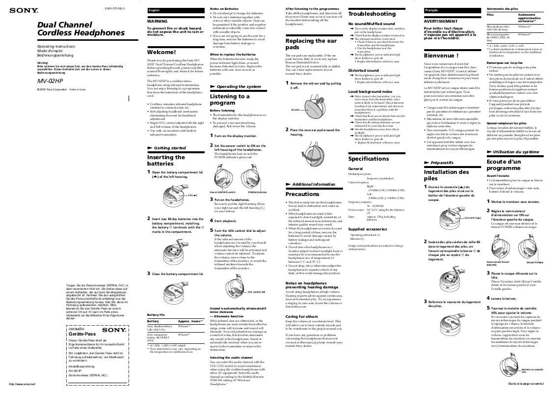 Mode d'emploi SONY MV-02HP