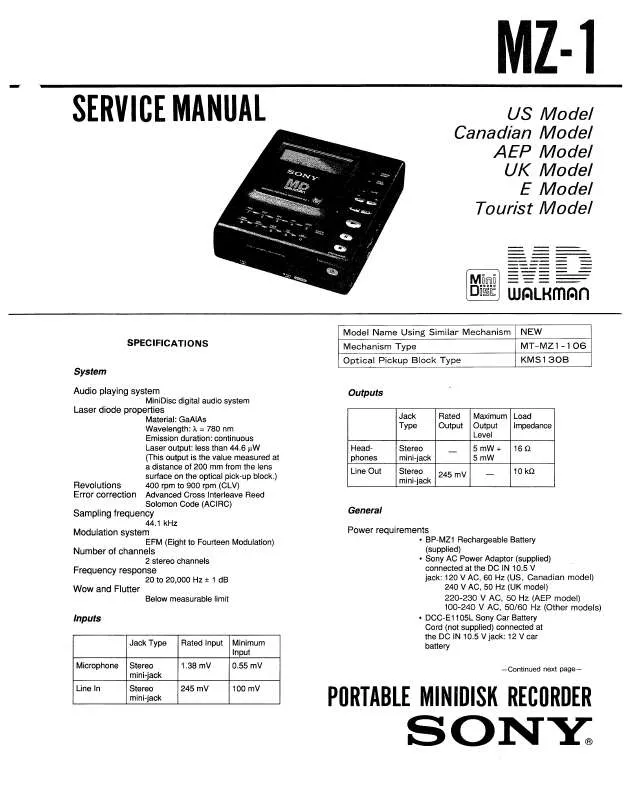 Mode d'emploi SONY MZ-1