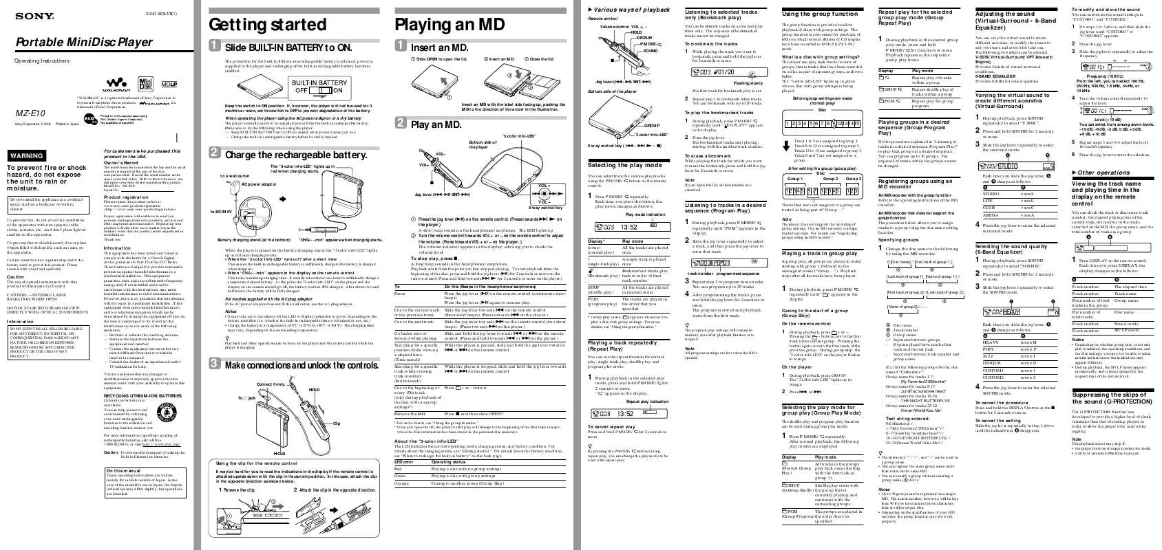 Mode d'emploi SONY MZ-E10