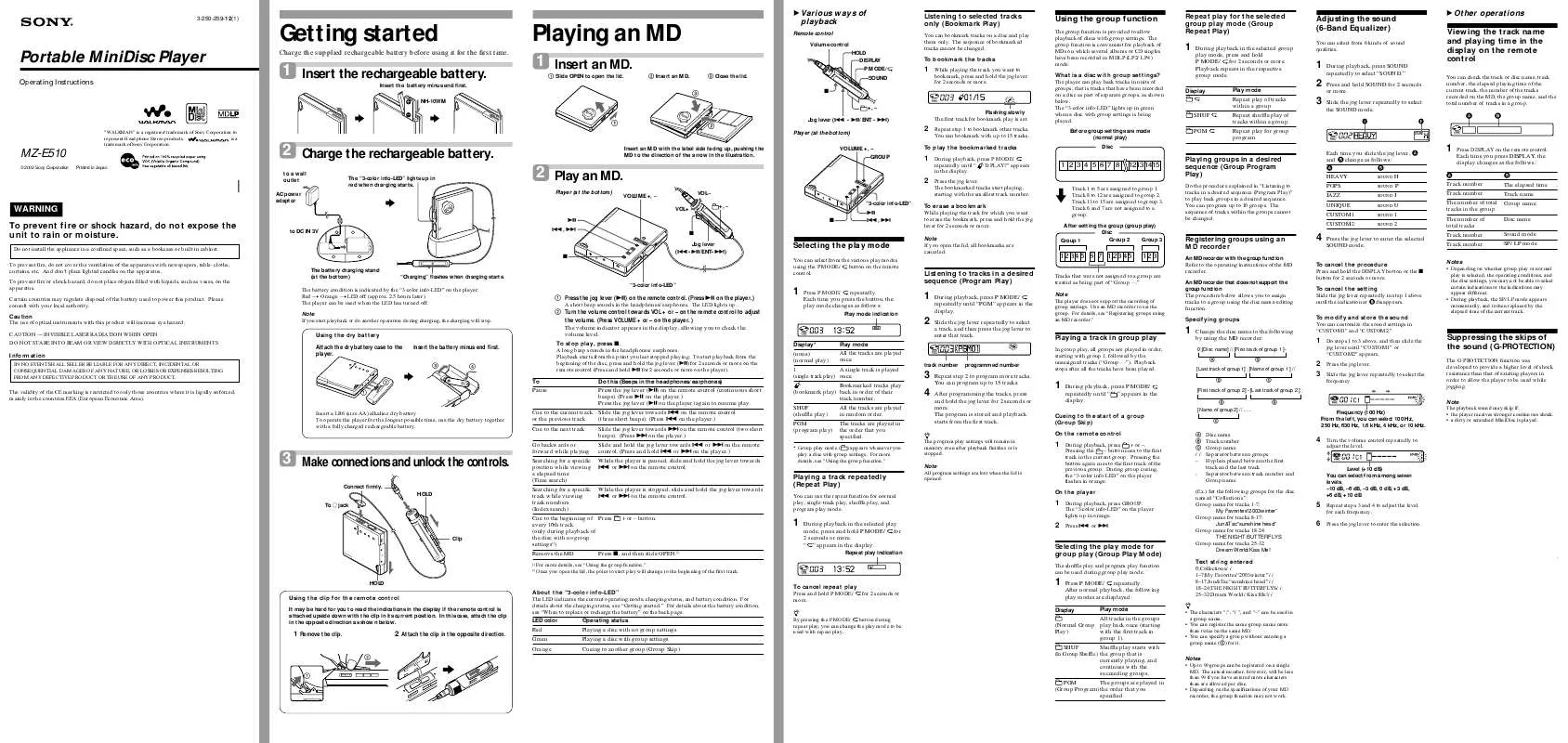 Mode d'emploi SONY MZ-E510