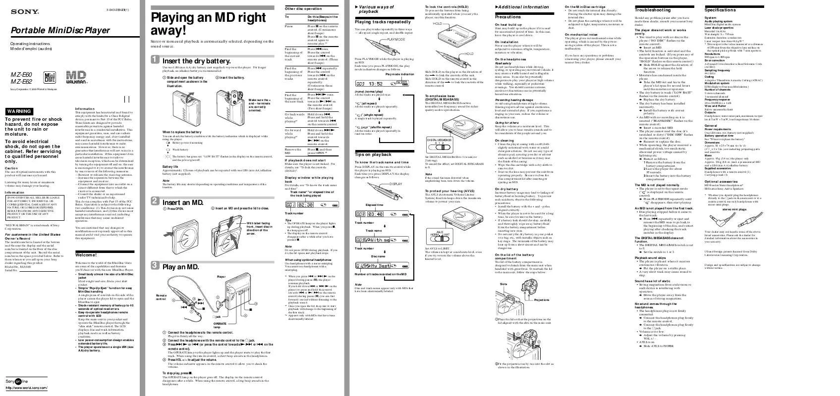 Mode d'emploi SONY MZ-E62