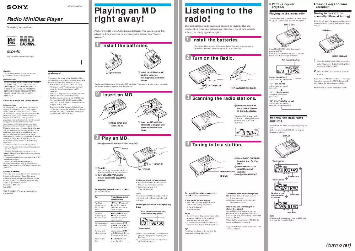 Mode d'emploi SONY MZ-F40