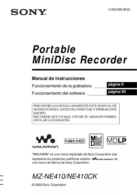 Mode d'emploi SONY MZ-NE410CK