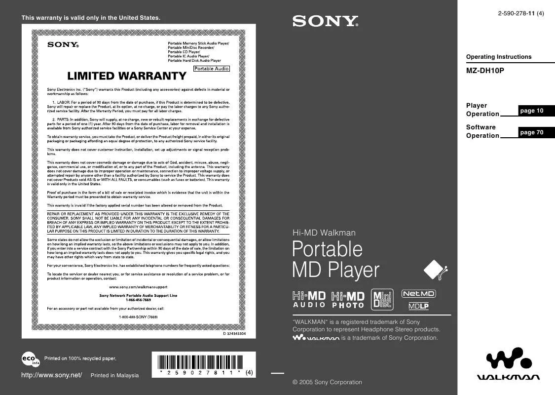 Mode d'emploi SONY MZ-DH10P