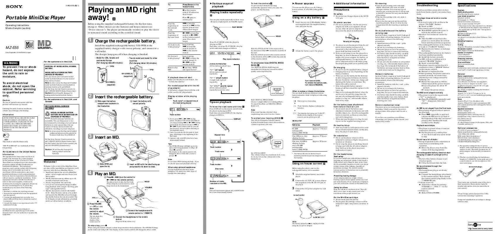 Mode d'emploi SONY MZ-E55