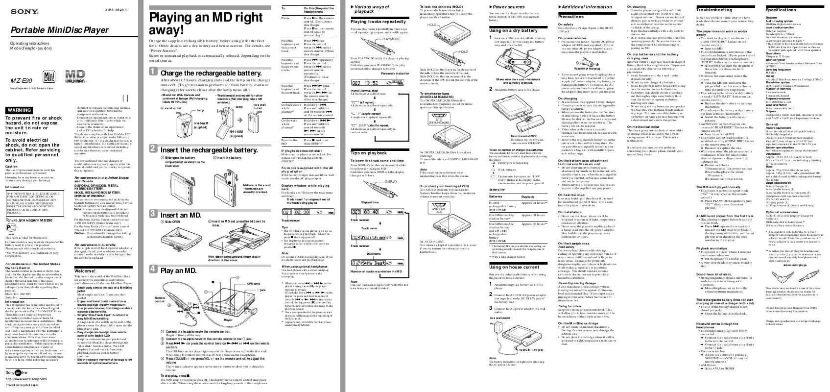 Mode d'emploi SONY MZ-E90