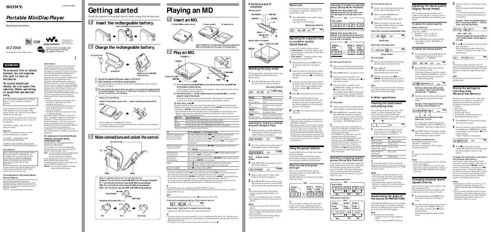 Mode d'emploi SONY MZ-E909