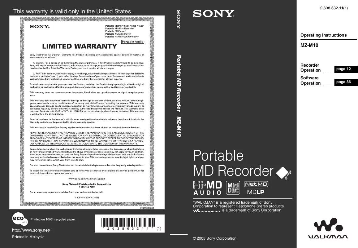 Mode d'emploi SONY MZ-M10