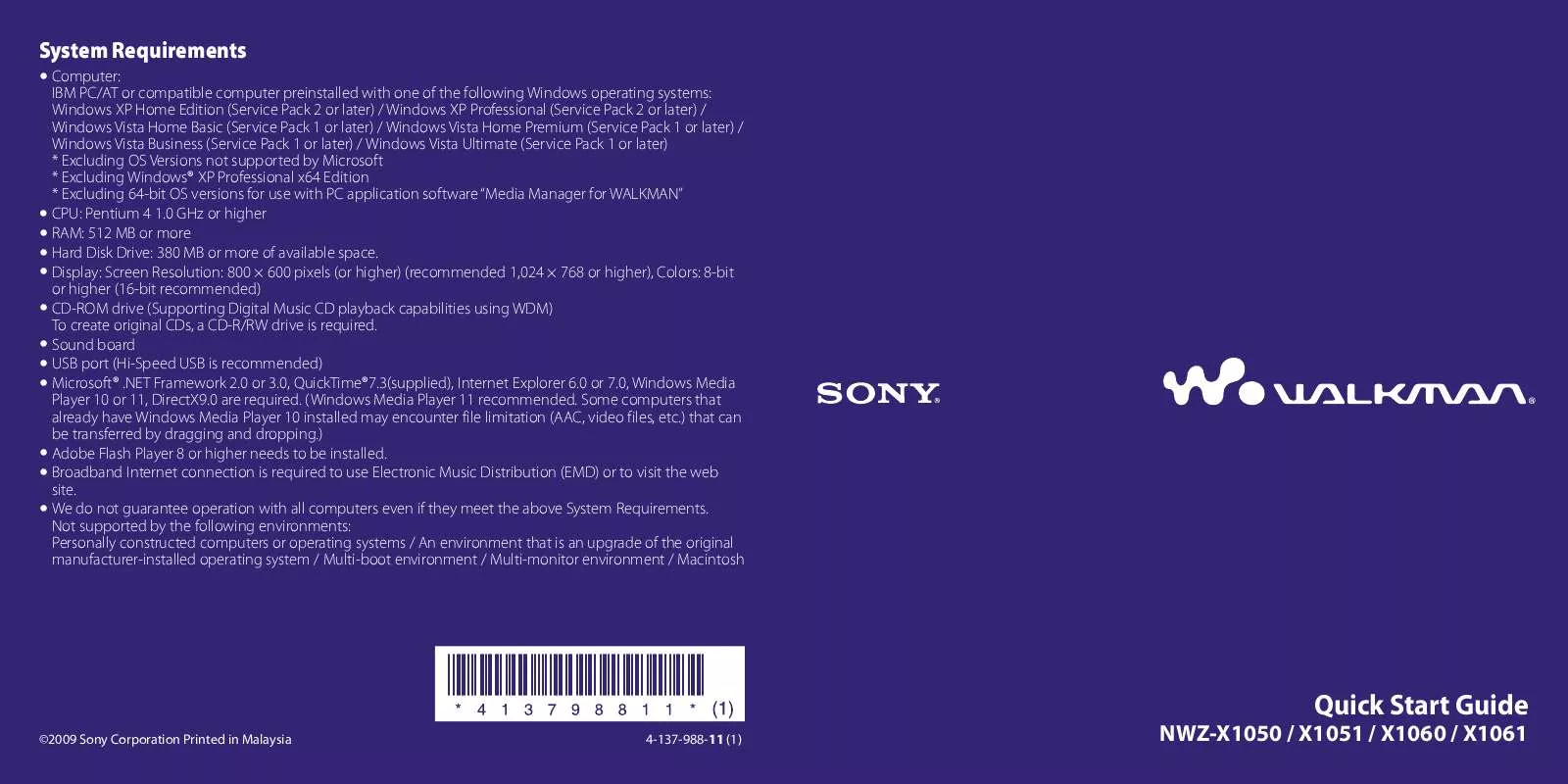 Mode d'emploi SONY NWZ-X1050