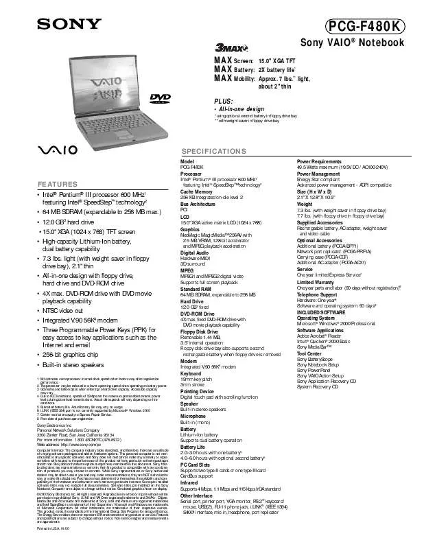 Mode d'emploi SONY PCG-F480K