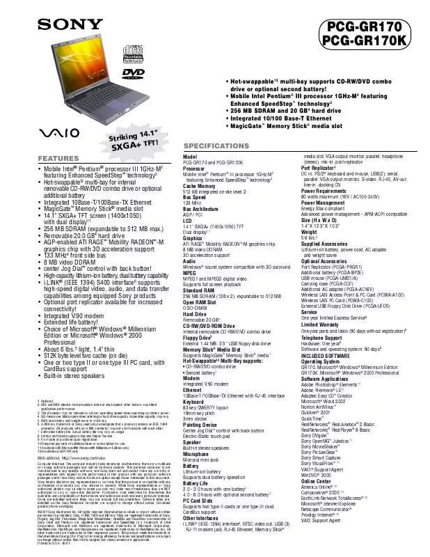 Mode d'emploi SONY VAIO PCG-GR170K