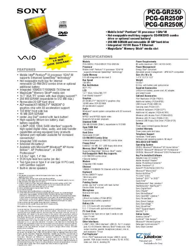 Mode d'emploi SONY VAIO PCG-GR250P