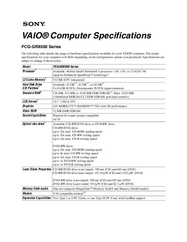 Mode d'emploi SONY VAIO PCG-GRX600K