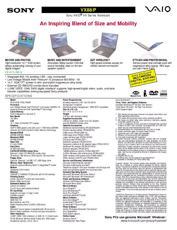 Mode d'emploi SONY VAIO PCG-VX88P