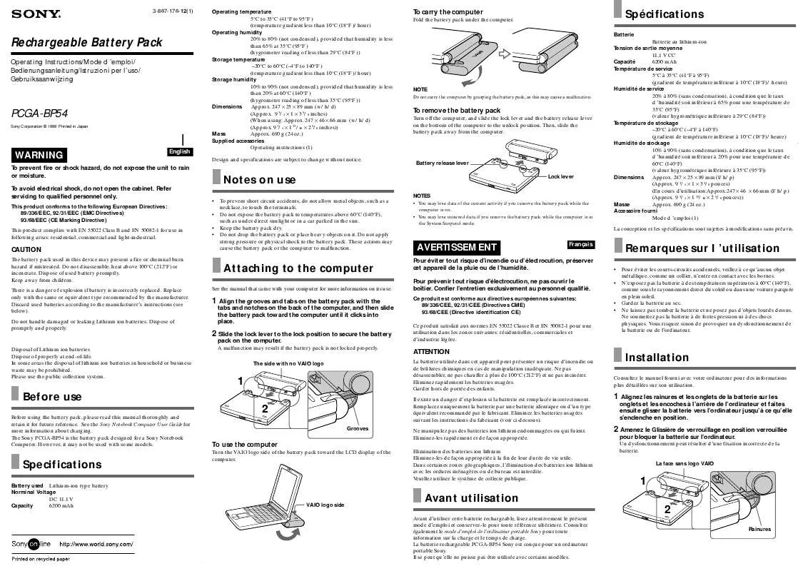 Mode d'emploi SONY PCGA-BP54