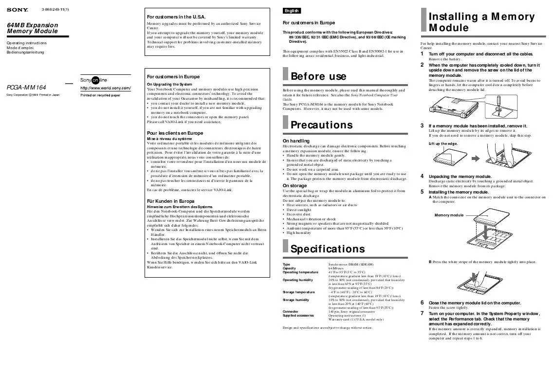 Mode d'emploi SONY PCGA-MM164