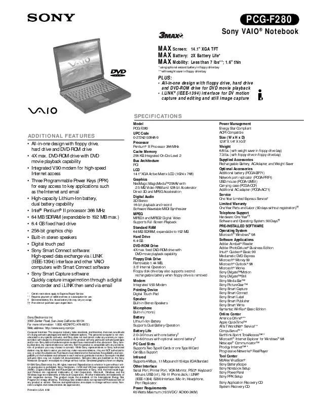 Mode d'emploi SONY PCG-F280