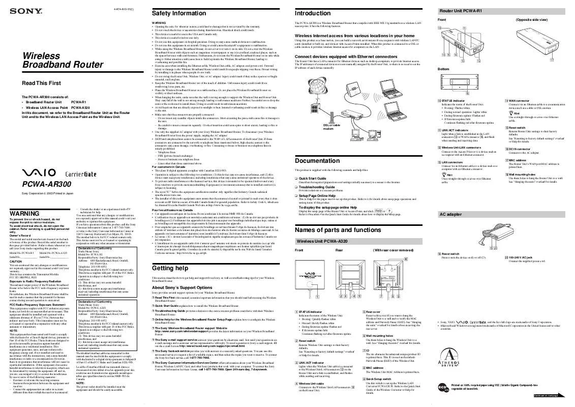 Mode d'emploi SONY PCWA-AR300