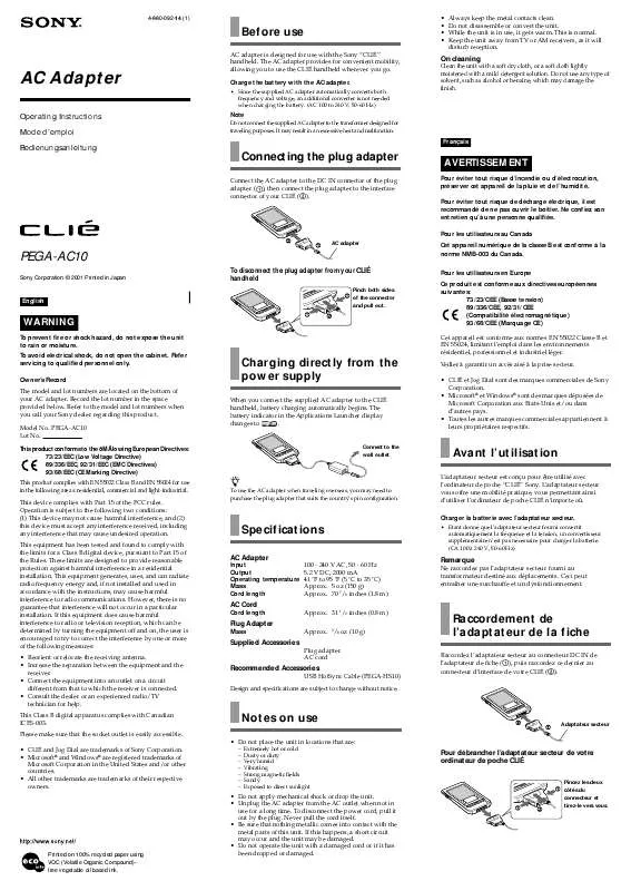 Mode d'emploi SONY CLIE PEGA-AC10