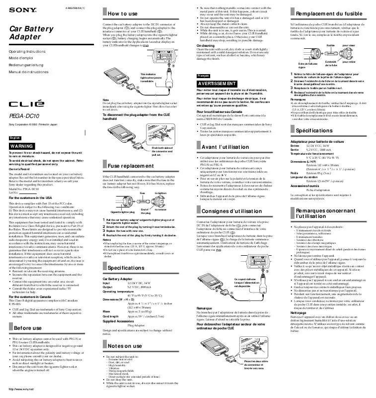 Mode d'emploi SONY PEGA-DC10