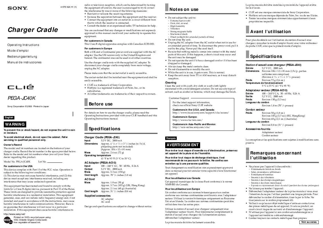 Mode d'emploi SONY CLIE PEGA-JC40K