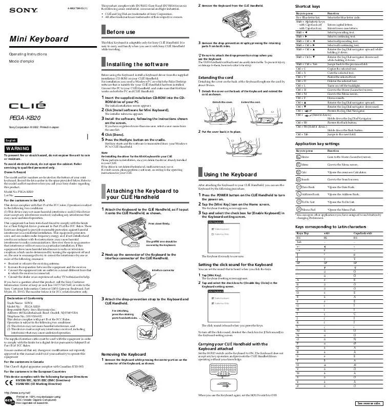 Mode d'emploi SONY CLIE PEGA-KB20