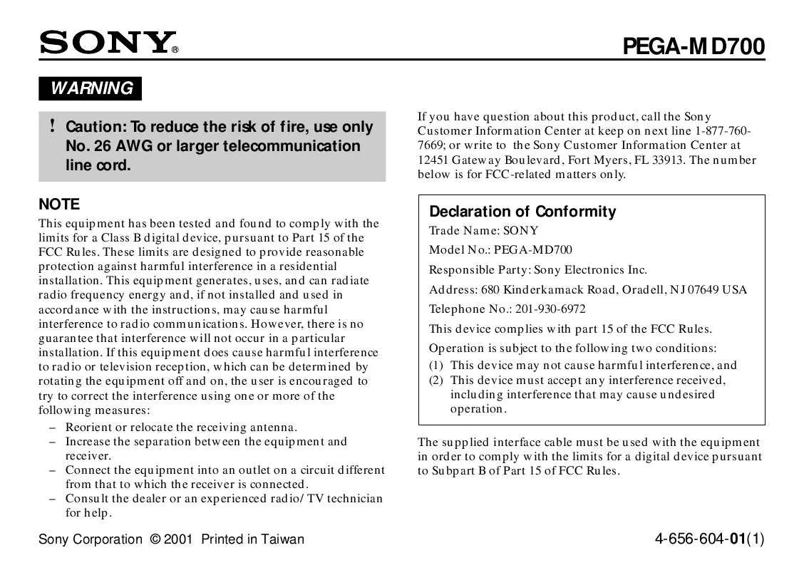 Mode d'emploi SONY CLIE PEGA-MD700