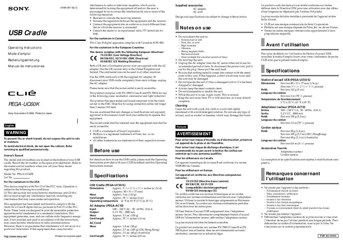 Mode d'emploi SONY CLIE PEGA-UC60K