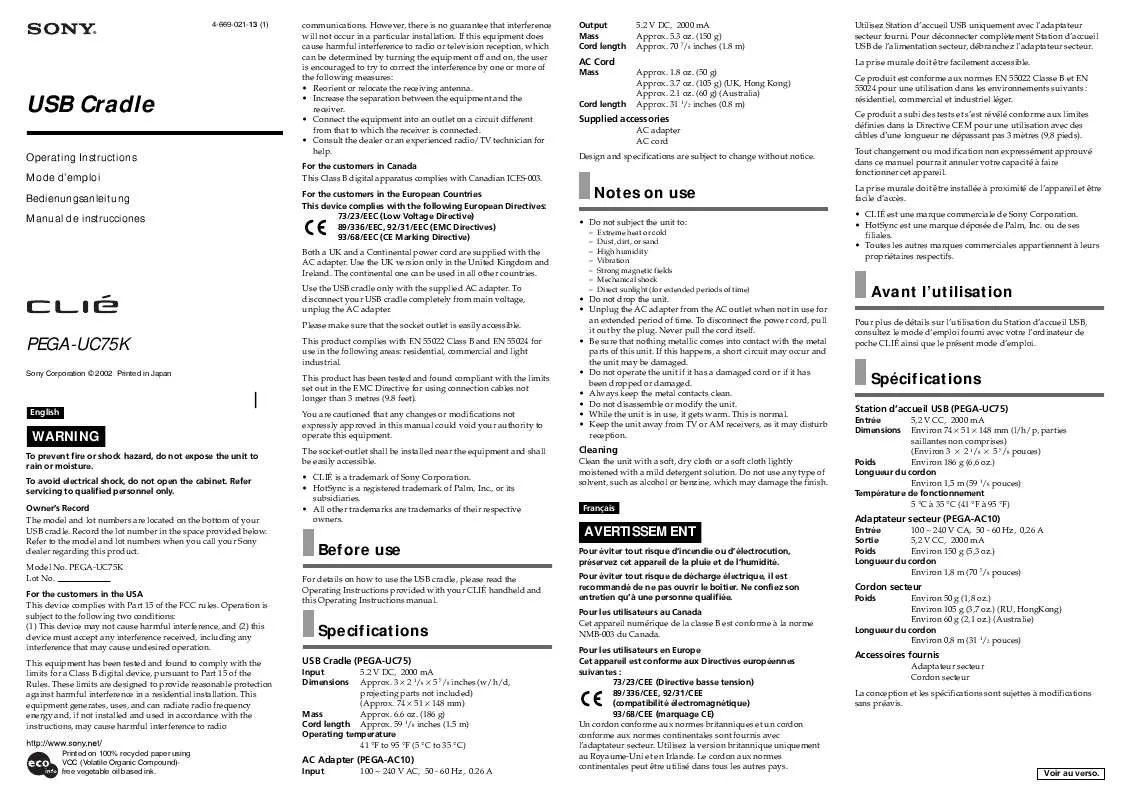 Mode d'emploi SONY PEG-AUC75K