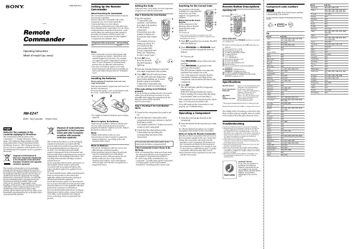 Mode d'emploi SONY RM-EZ4T