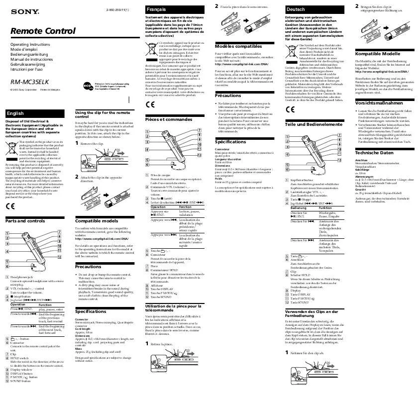 Mode d'emploi SONY RM-MC35ELK