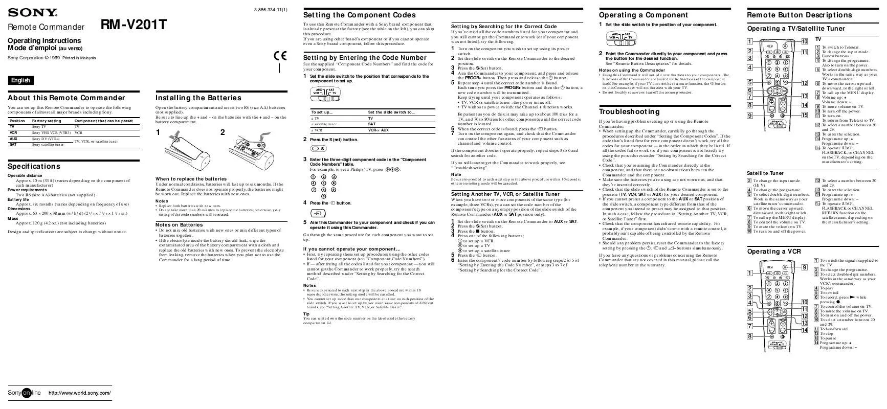 Mode d'emploi SONY RM-V201T