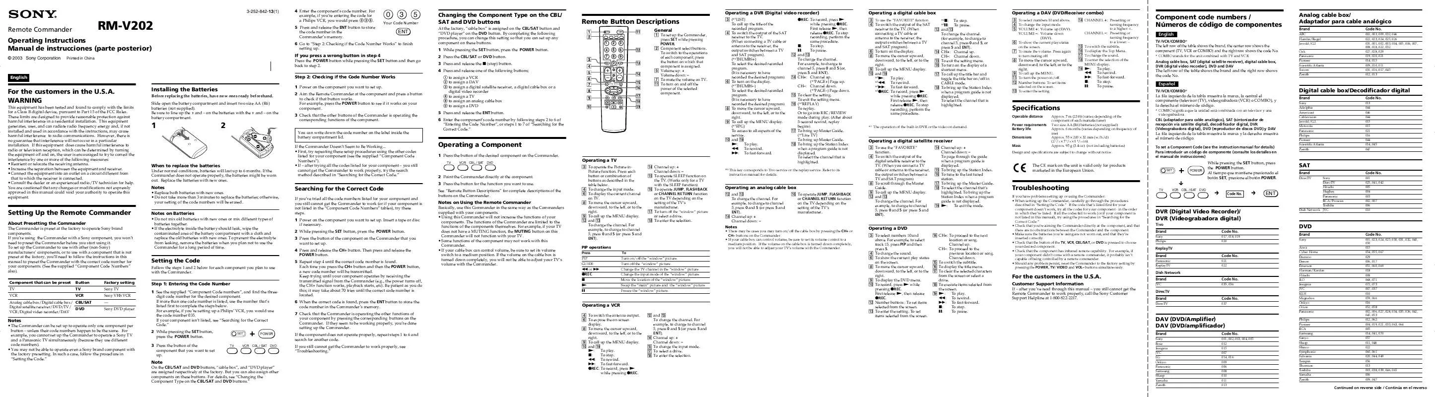 Mode d'emploi SONY RM-V202WMSK