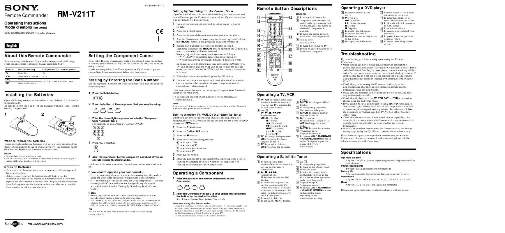 Mode d'emploi SONY RM-V211T