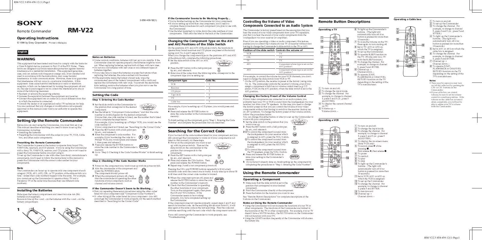 Mode d'emploi SONY RM-V22