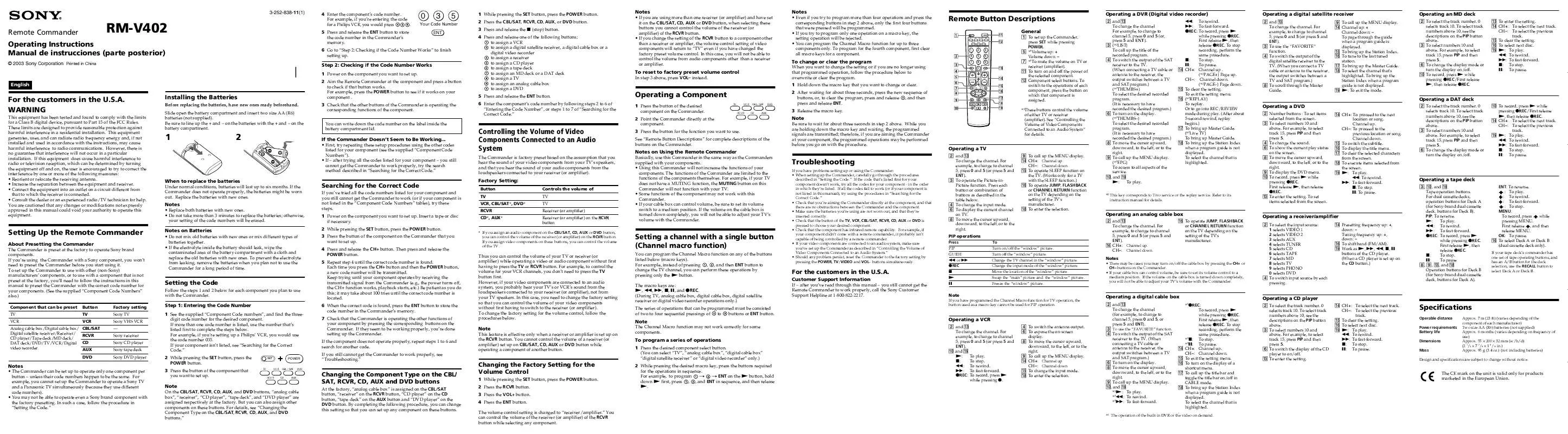 Mode d'emploi SONY RM-V402LIV