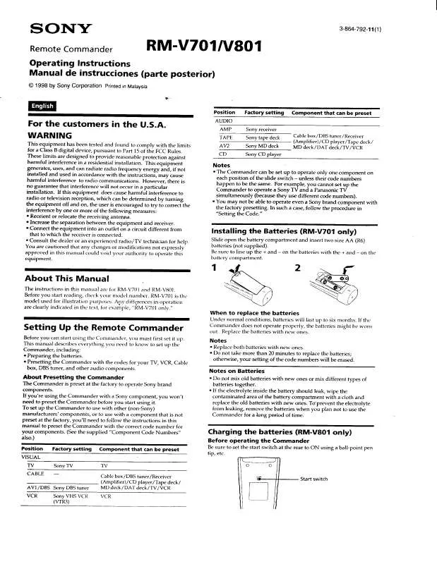 Mode d'emploi SONY RM-V801