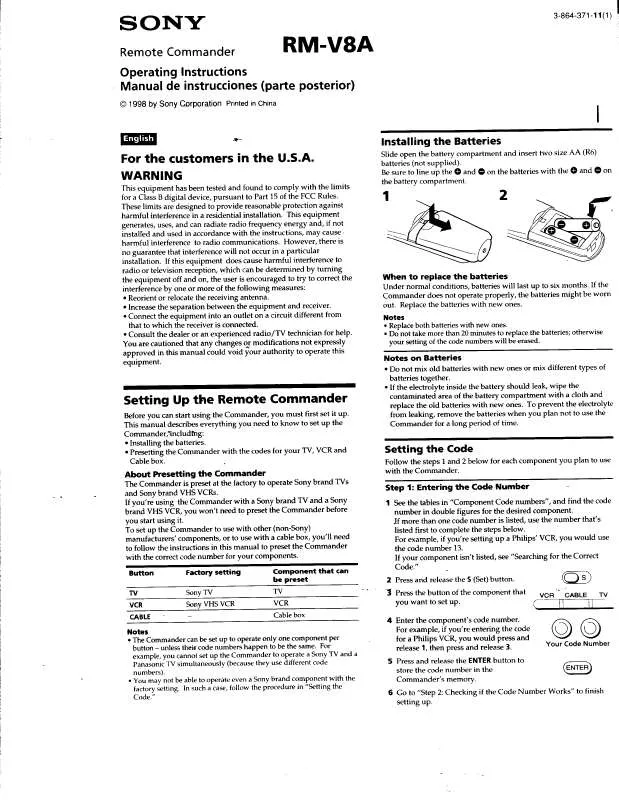 Mode d'emploi SONY RM-V8A/T