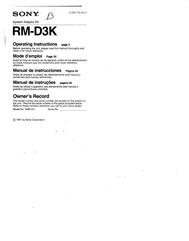 Mode d'emploi SONY RM-D3K