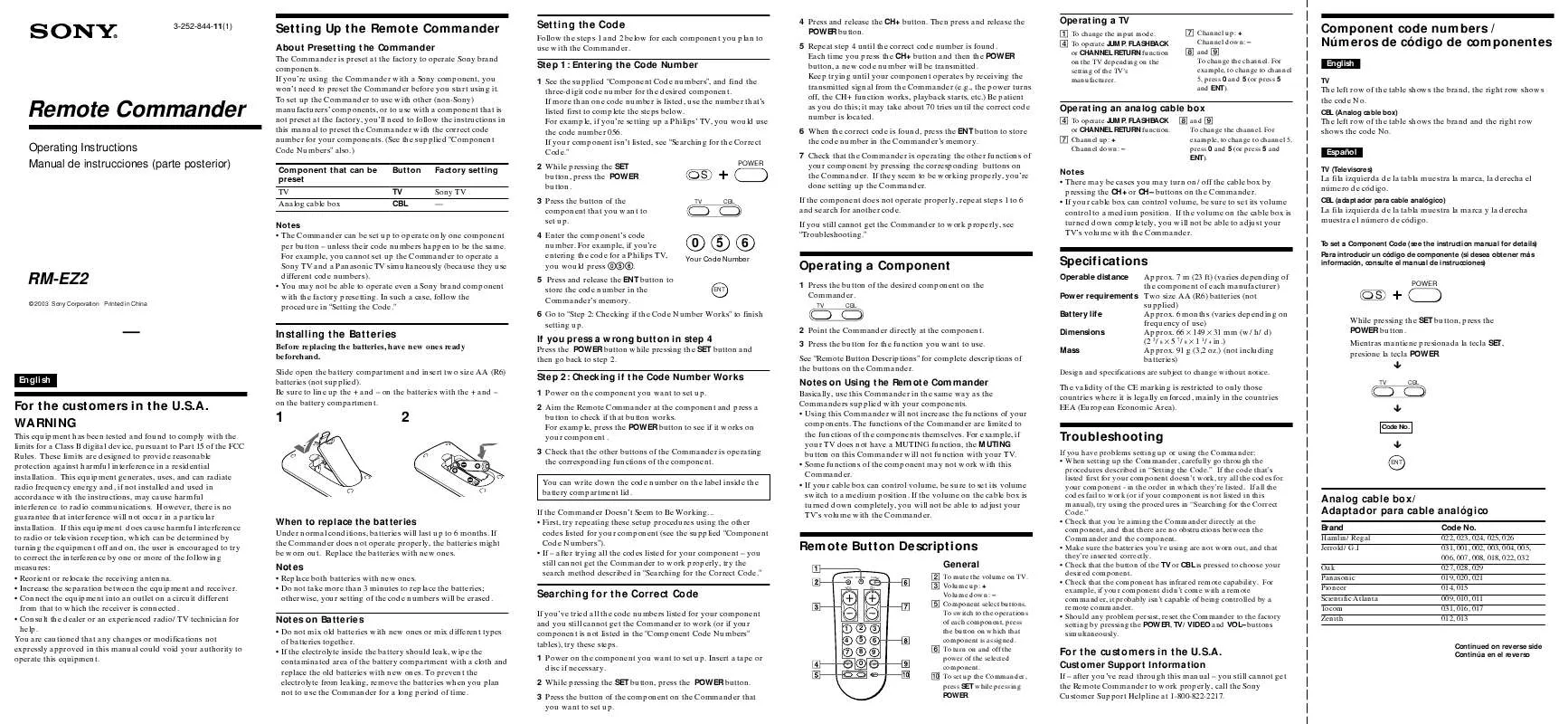 Mode d'emploi SONY RM-EZ2