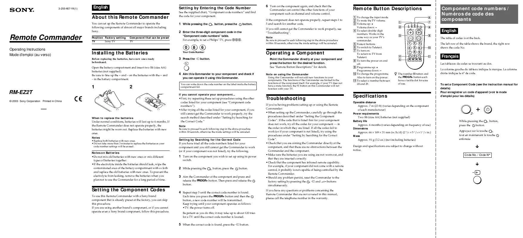 Mode d'emploi SONY RM-EZ2T