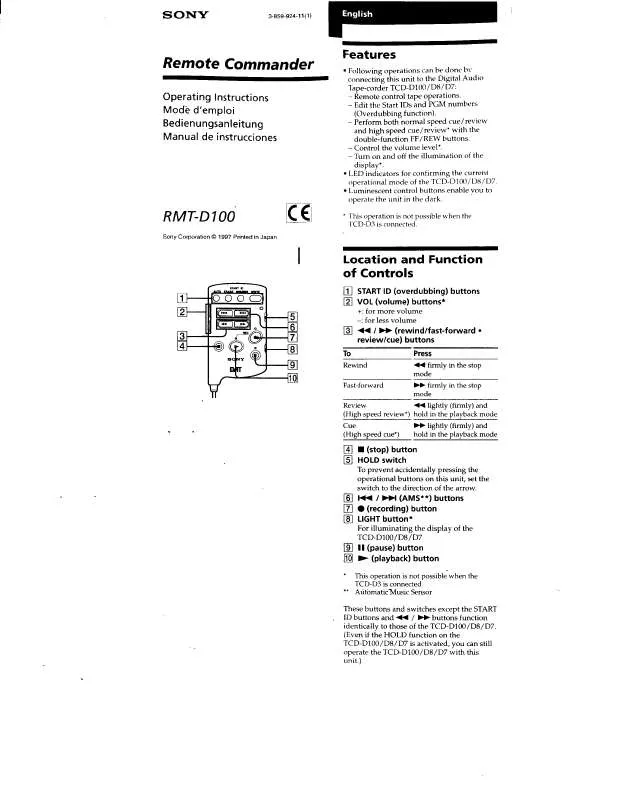 Mode d'emploi SONY RM-TD100