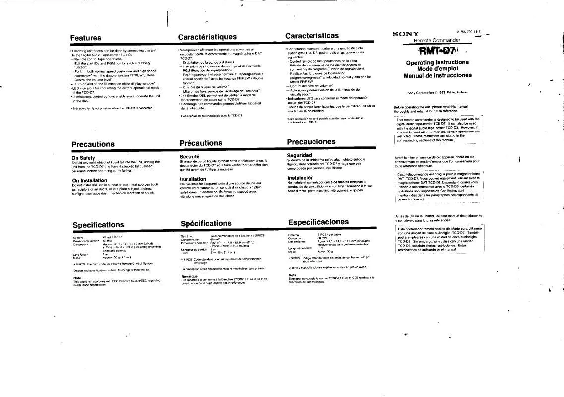 Mode d'emploi SONY RM-TD7