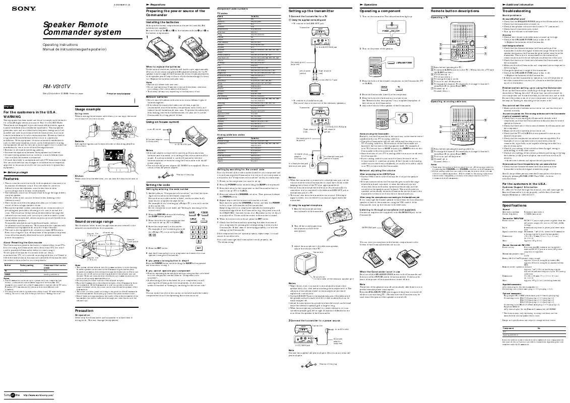 Mode d'emploi SONY RM-VS10TV