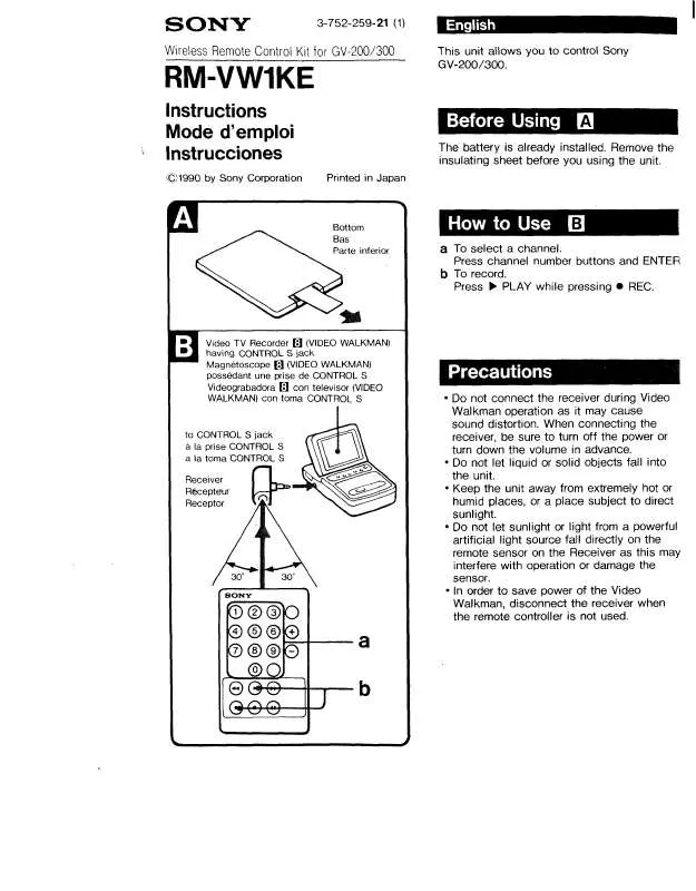 Mode d'emploi SONY RM-VW1KE