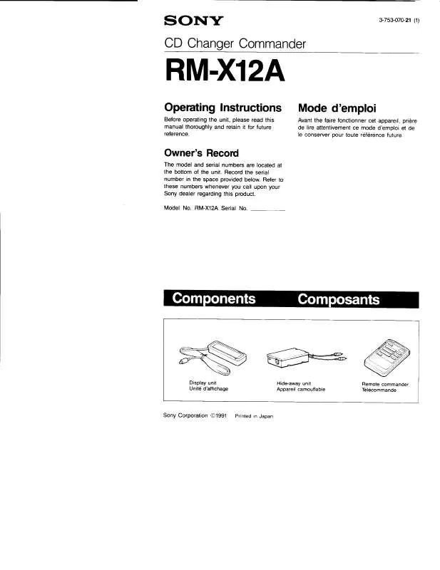 Mode d'emploi SONY RM-X12A