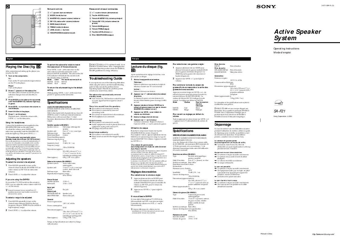 Mode d'emploi SONY SA-F21