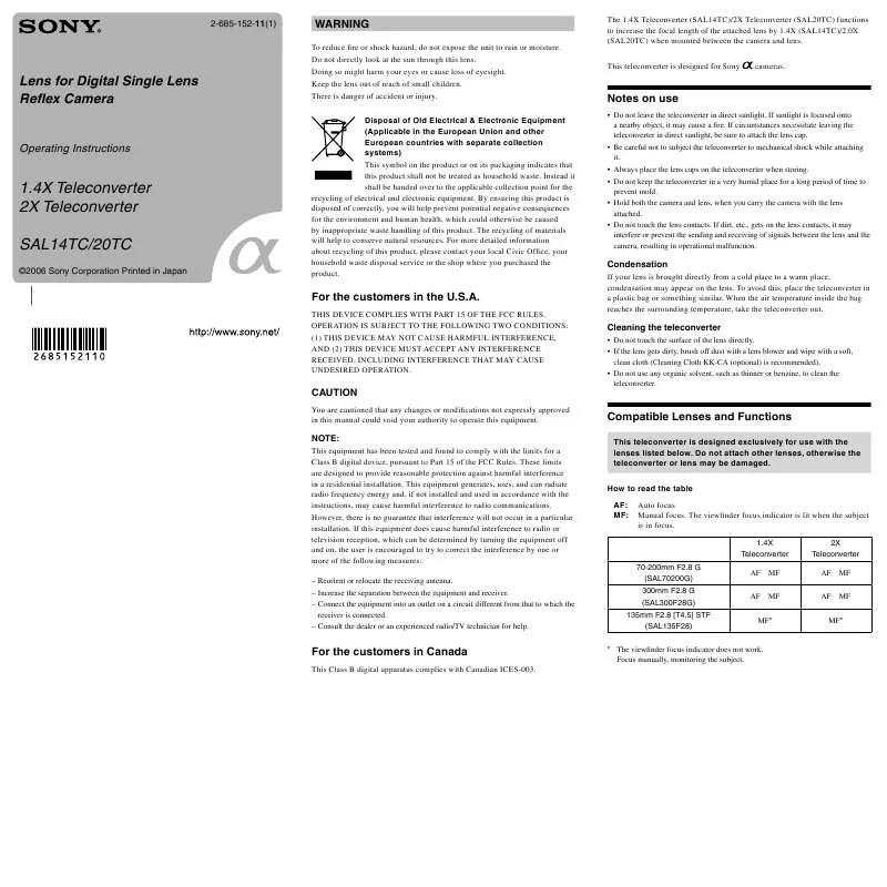 Mode d'emploi SONY SAL-14TC